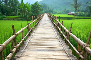 Fototapeta premium Bamboo Bridge Over Green Fields