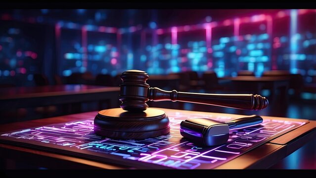A judge's gavel is placed on a digitally rendered surface with glowing circuitry and binary code