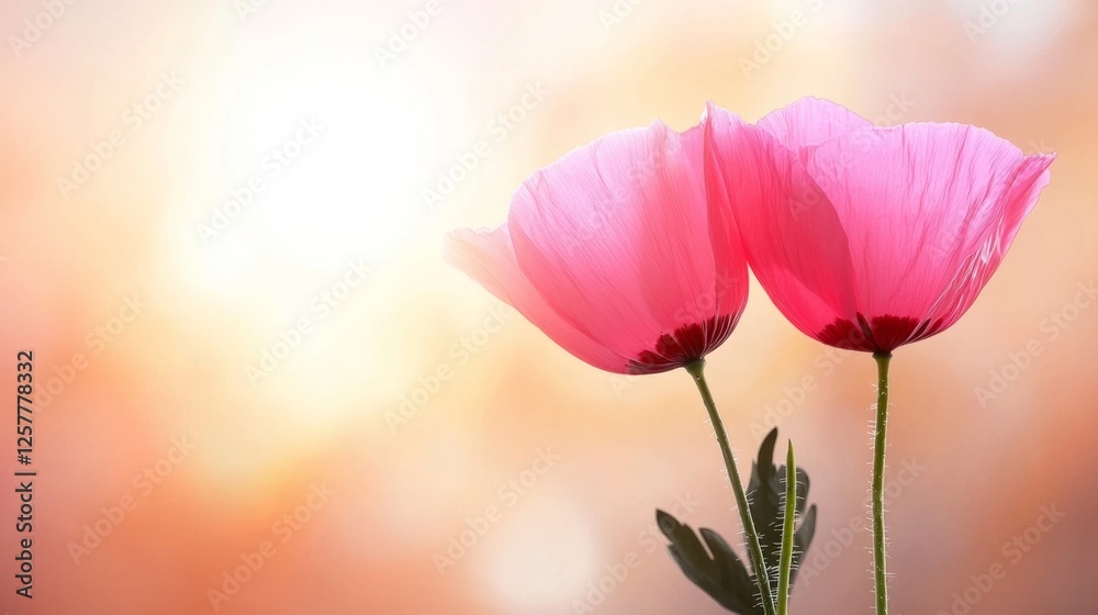 Wall mural Two pink poppies in front of a blurred background