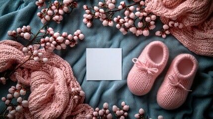 Fototapeta premium Cozy Spring Flatlay with Soft Knitted Booties and Blossom Branches