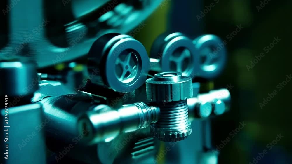 Poster complex mechanism of a vintage movie projector is operating smoothly, its gears rotating precisely u