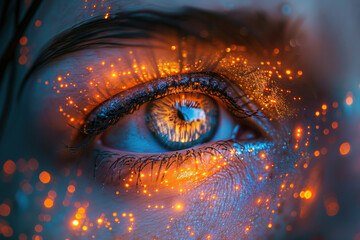 close-up of a human eye. The eye is expressed in bright and rich shades, blue and orange.  