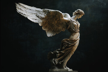 Goddess of victory Nike (Victoria) with wings. Close up fragment of marble statue against black background. Ancient Greek and Roman mythology. Horizontal image.