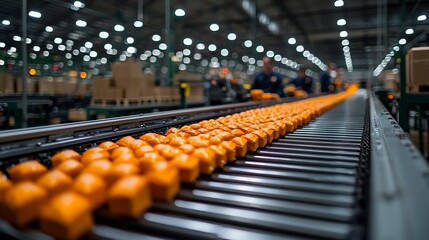 Fototapeta premium Assembly line showcasing the production of orange cheese blocks in a bustling factory setting