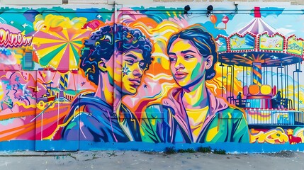 A vibrant mural of two friends at a carnival, painted on a wall with a fairground mockup on the side.
