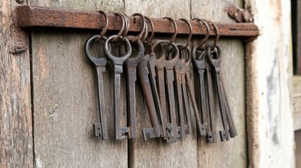 Vintage Rusty Keys on Wooden Wall