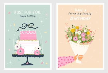 Set of birthday postcards with  confetti, cake, flowers and hand writing. Greeting postcard, happy birthday. Vector templates great for card, poster, flyer or banner