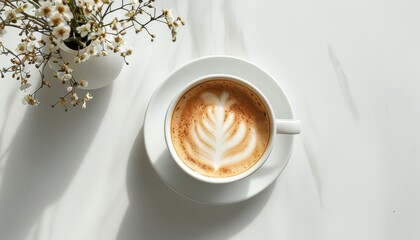 Cappuccino with latte art in white cup on minimalist surface with copy space