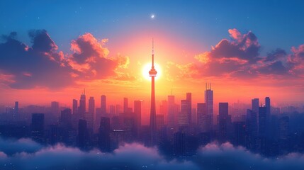 Fototapeta premium Towering Skyline at Sunset with Fiery Clouds