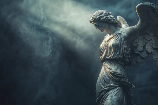 Winged goddess of victory Nike (Victoria). Fragment of a marble statue. Ancient Greek and Roman mythology. Copy space for tex or design.