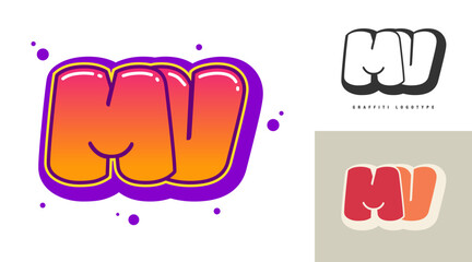 MV logo design for festival or party. Initial letter m and v in graffiti style. Creative modern lettering company name of font typography. Kids trendy logotype or identity.