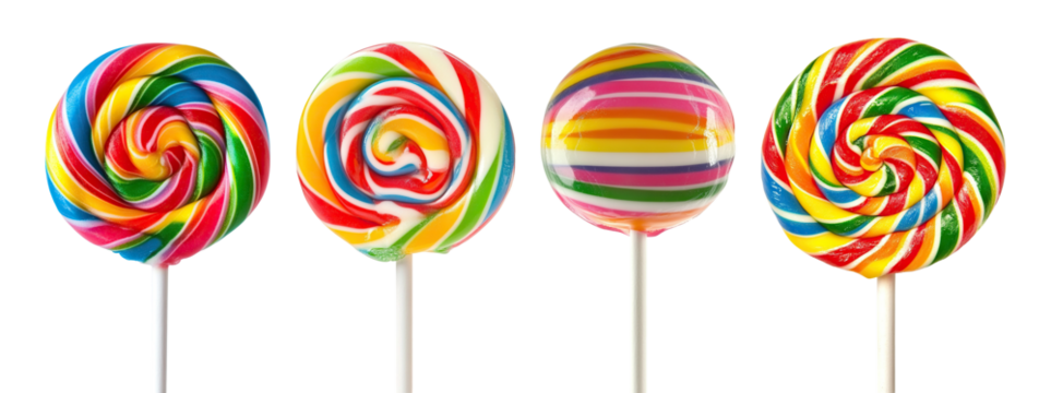 Set of colorful lollipops on sticks, isolated on transparent cutout background