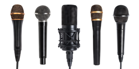 Set of professional microphones, isolated on transparent cutout background