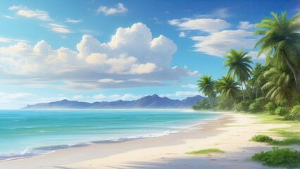 Fototapeta premium A serene beach scene with white sand, gentle waves