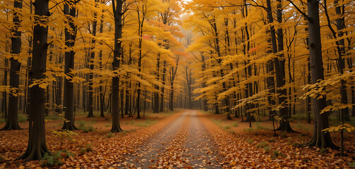 A forest path carpeted with golden leaves, winding through a landscape of trees in vibrant autumn colors, creating a warm and inviting atmosphere.