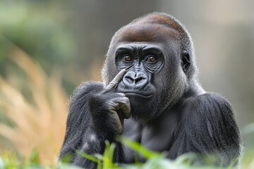 Obraz premium Gorilla engages in curious behavior while sitting in a natural habitat during daytime