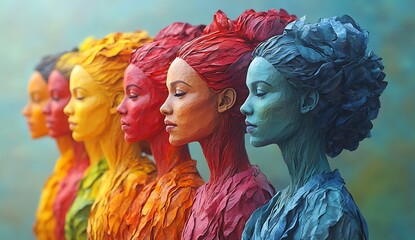 Fototapeta premium Five Abstract Sculptures in Vibrant Colors with Flowing Textures and Hair like Forms