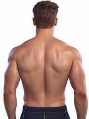 Fototapeta premium Rear view of a man's muscular back, with focus on the shoulder muscles and upper torso against a white background.