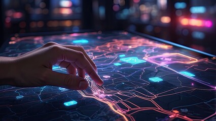 A close-up image of a person's hand placing a location marker pin on a digital map