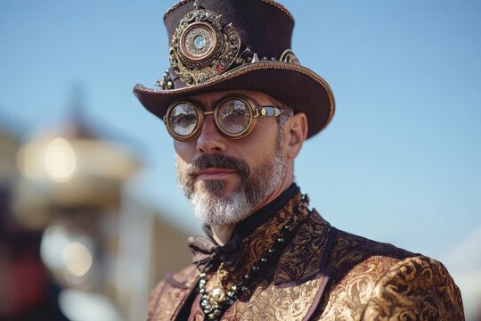 Man in ornate steampunk attire with top hat and goggles stands confidently outdoors in bright sunlight