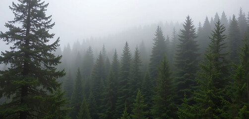 A dense pine forest shrouded in mist and fog, with tall trees disappearing into the fog, creating a mysterious and peaceful atmosphere.