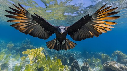 Obraz premium Underwater Eagle Soaring, Coral Reef Background, Wildlife