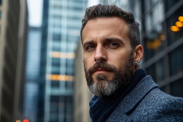 Obraz premium Man with a beard and piercings posing confidently in an urban setting surrounded by modern buildings