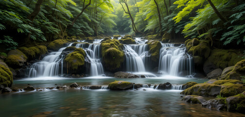 Fototapeta premium A series of cascading waterfalls in a lush, green forest, with clear water flowing over moss-covered rocks and creating a soothing sound.
