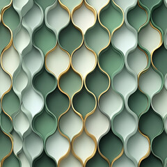 Curved green and white shapes interlock with gold trim, forming a repeating, textured, three-dimensional pattern.