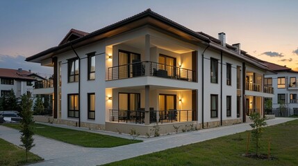 Modern residential buildings stand gracefully at sunset, their warm lights glowing against the twilight sky. Lush greenery surrounds the elegant structures, inviting serenity and comfort