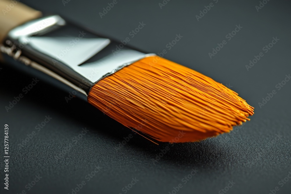 Aufkleber close-up view of an orange paintbrush resting on a dark surface during an art project