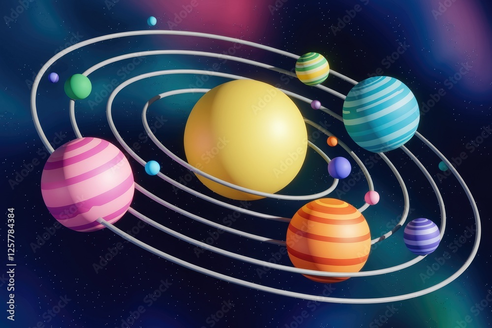 Poster a stylized solar system with colorful planets orbiting a central yellow star.