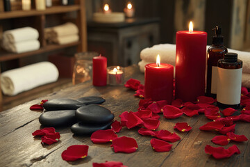 Background decor with folded spa towels and basalt stones for stone therapy and massage with candles, roses and hearts. Spa salon concept, romantic spa for two, Valentine's Day February 14