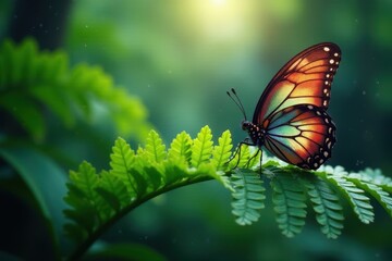 Fototapeta premium Giant fern, iridescent butterfly, gentle rainfall, moody, contrast