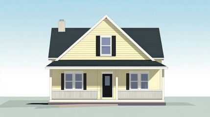 Yellow house architectural rendering, front view, suburban setting, home design