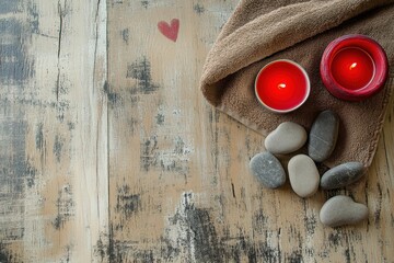 Background decor with folded spa towels and basalt stones for stone therapy and massage with candles, roses and hearts. Spa salon concept, romantic spa for two, Valentine's Day February 14