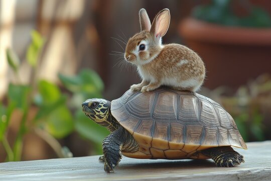 Cute rabbit sits on the back of a tortoise in a sunny garden during the afternoon