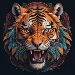 A fierce roaring tiger with intricate line details