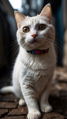 Obraz premium A friendly cat with fluffy fur and curious eyes, wearing a colorful collar and sitting calmly indoors