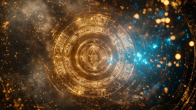 An ancient alchemy circle with cryptic symbols, glowing blue runes, and golden dust particles floating in the air.