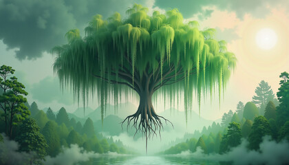 Obraz premium Majestic willow tree floating above serene landscape, merging fantasy, Qingming Festival, watercolor style