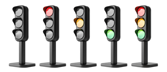 Set of traffic lights, isolated on transparent cutout background
