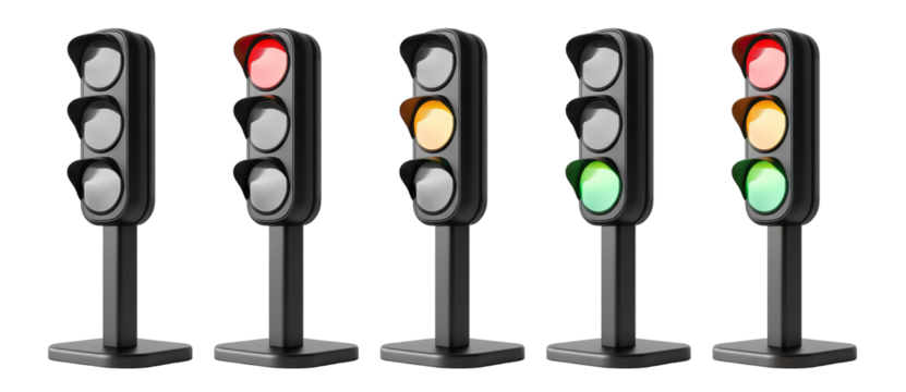 Set of traffic lights, isolated on transparent cutout background