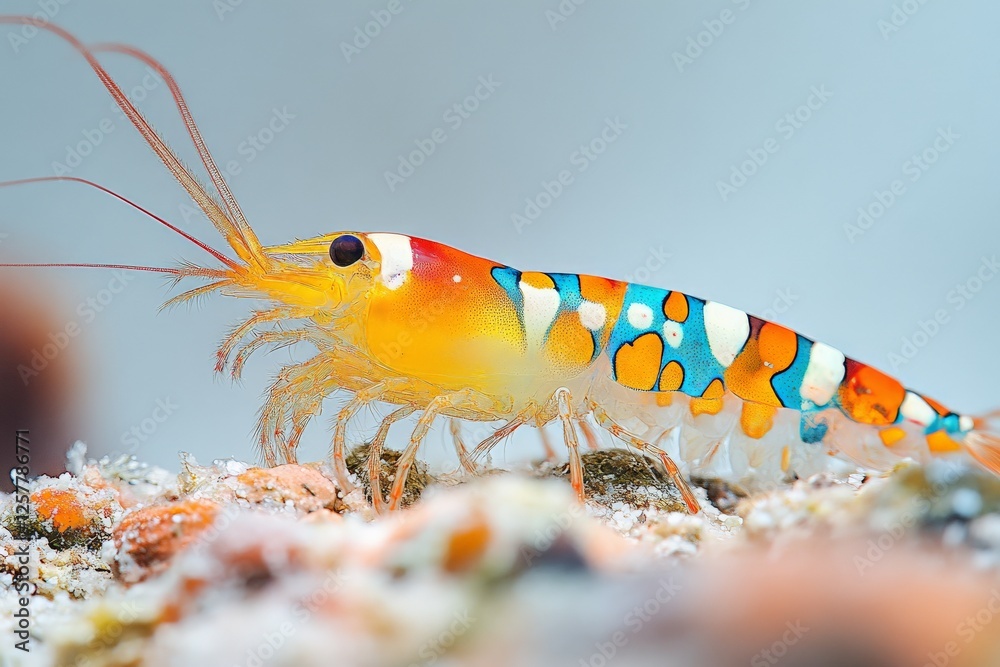 Poster colorful shrimp showcases vibrant patterns while exploring coral reef habitat in the ocean depths