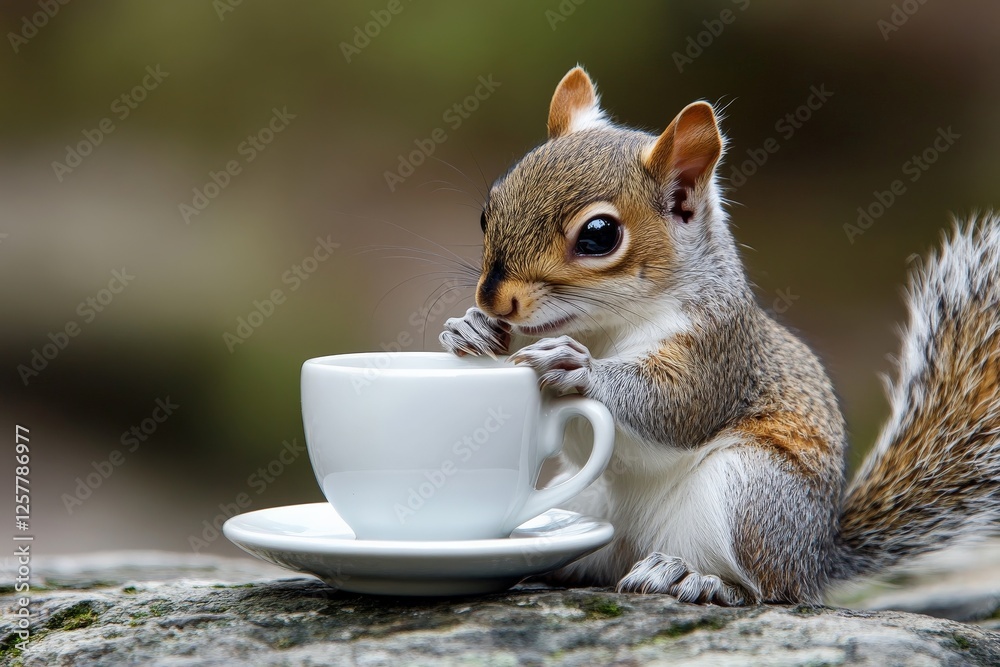 Poster squirrel enjoys a tiny cup of coffee on a stone surface in a serene outdoor setting