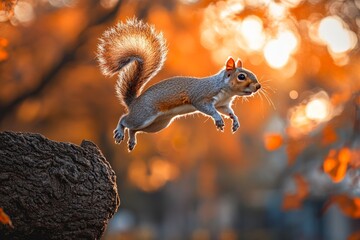 Obraz premium Squirrel leaps from tree trunk with autumn foliage in the background at sunset in a park