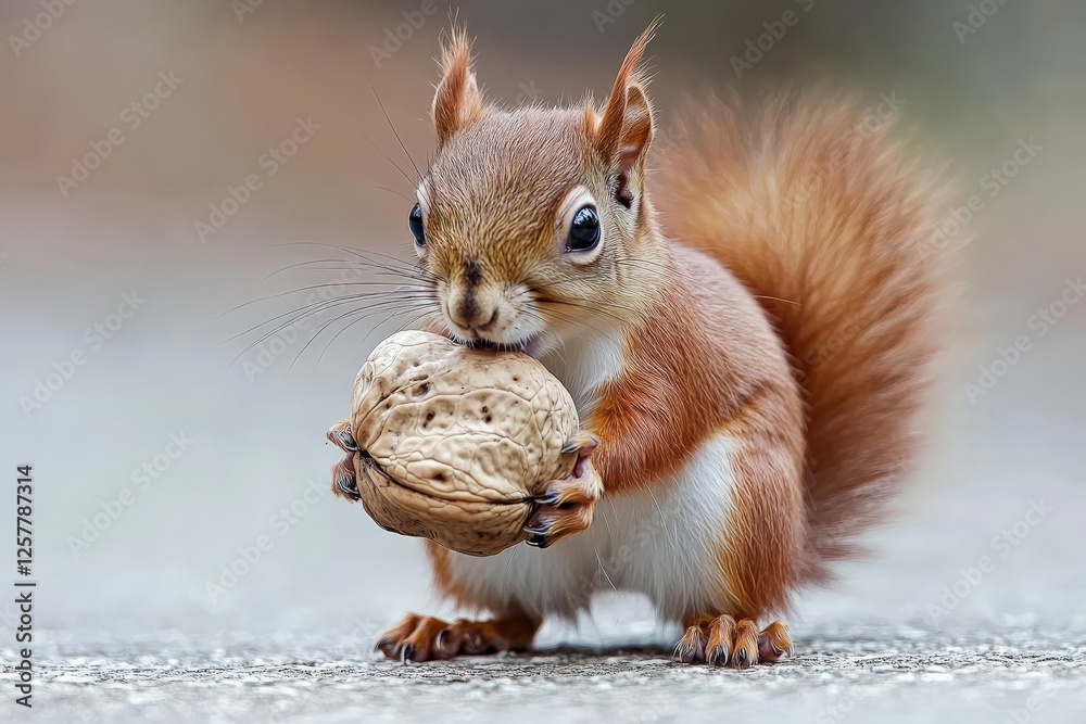 Poster Cute squirrel holds a walnut in its paws while sitting on the ground in a natural setting during daylight hours