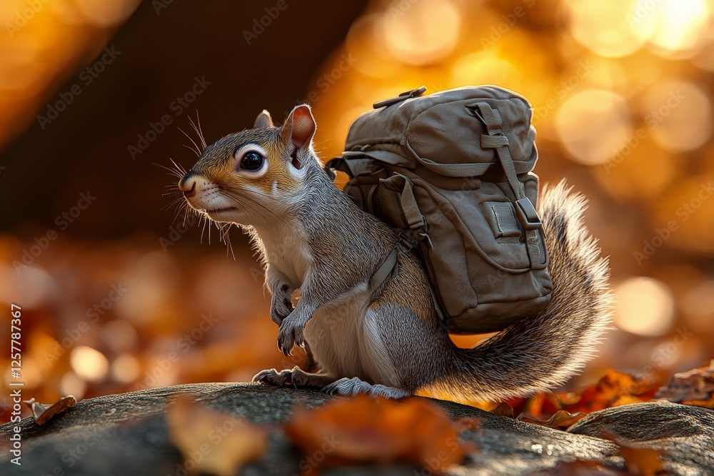 Poster squirrel with a backpack explores a forest during autumn