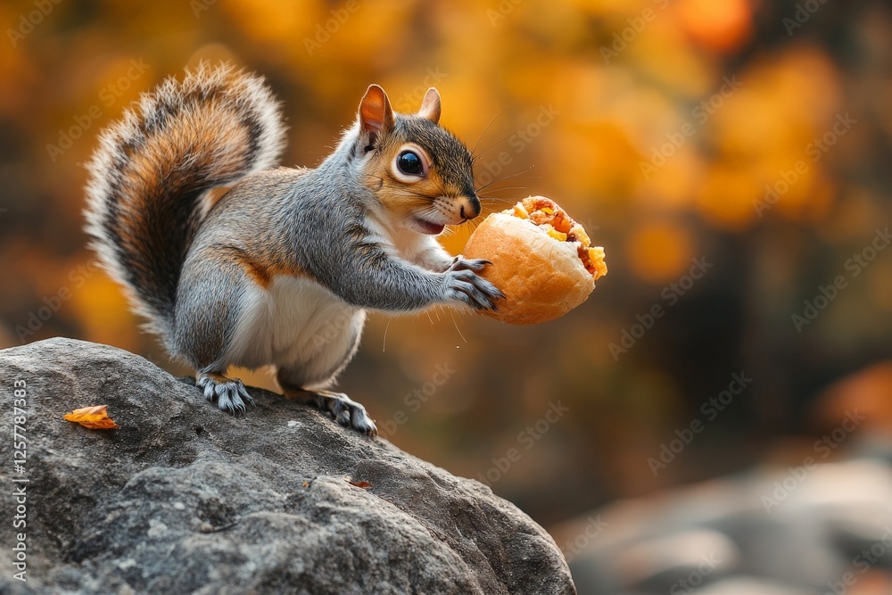 Poster squirrel joyfully holds a piece of food while perched on a rock in a forest during autumn