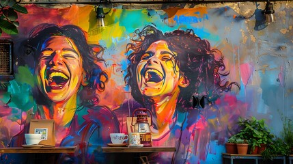 A vibrant painting of two friends laughing together, painted on a wall, with a cozy cafe mockup on the side.